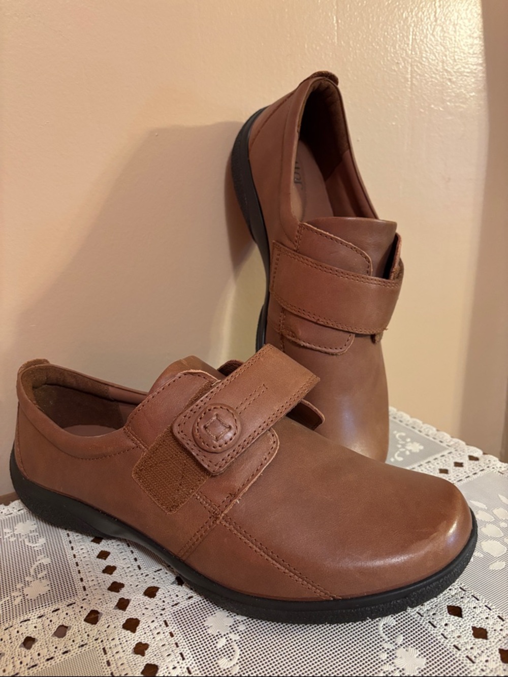 Brown Leather Velcro Strap Casual Loafers